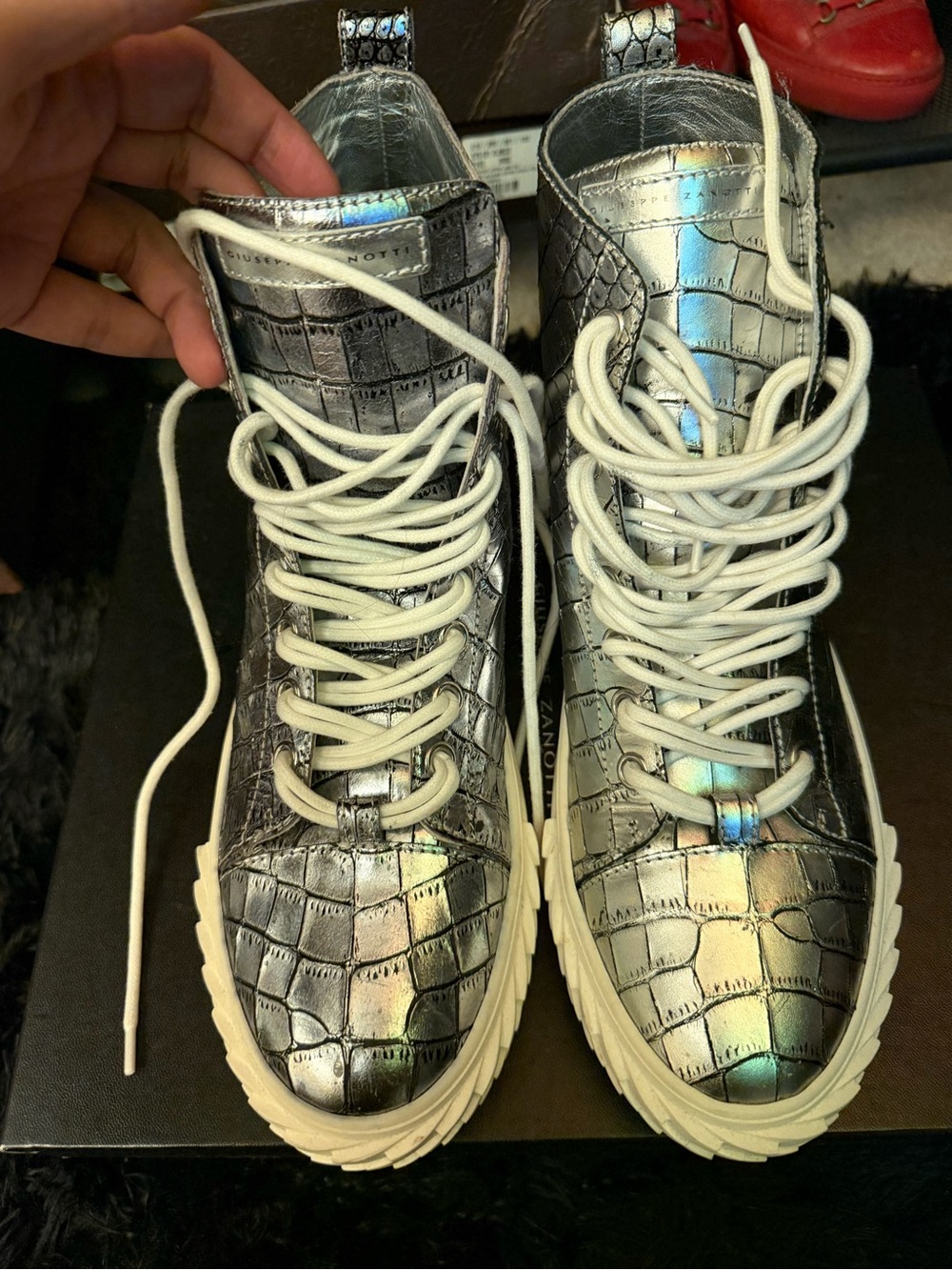 Giuseppe Zanotti Silver Croc-Embossed Lace-Up High-Top Boots with White Laces